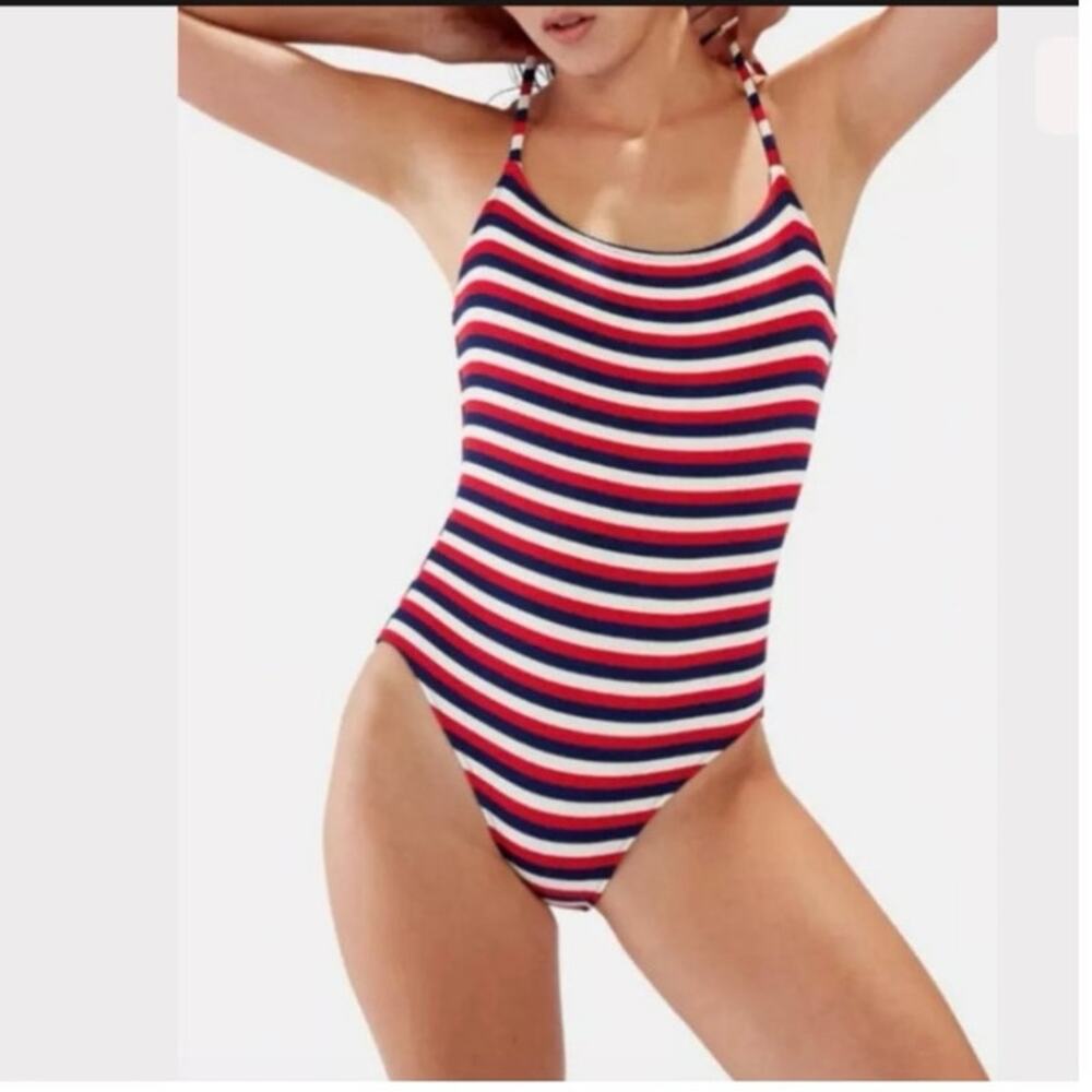 Solid & Striped Nina Ribbed One Piece Red White Blue Swimsuit  L
